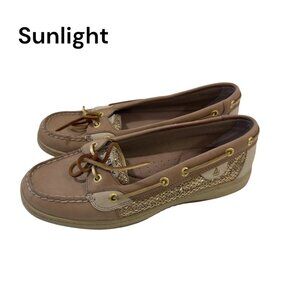 Sperry Womens 8.5M Leather & Fabric Boat Shoes Beige/Gold Woven Detail